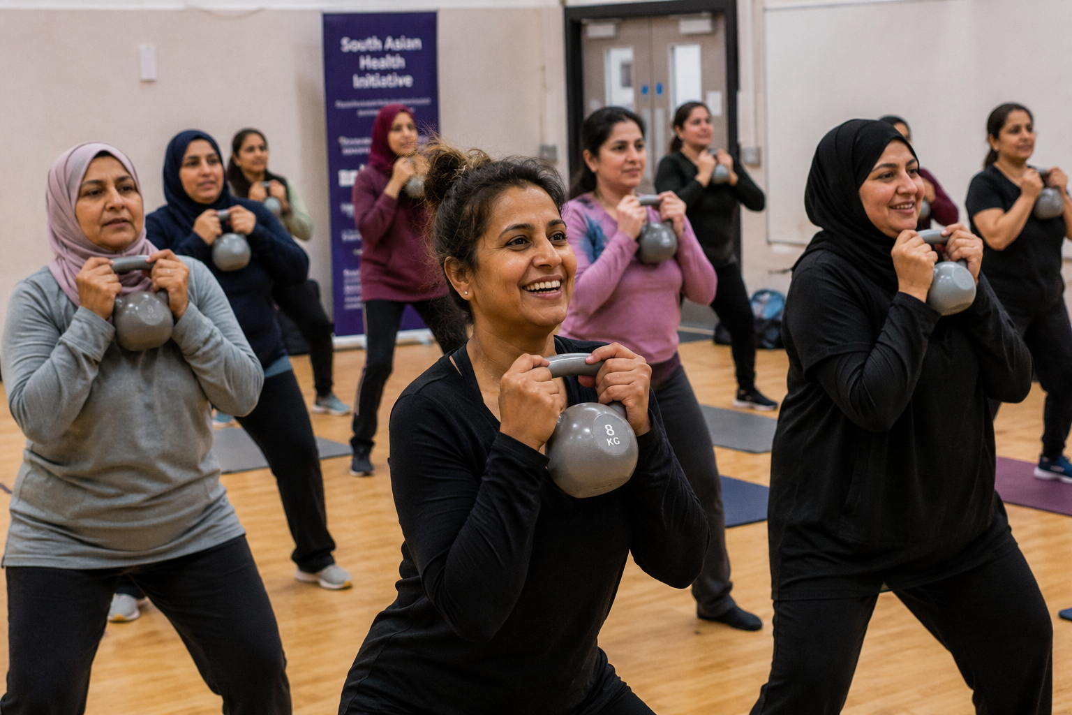 Women's fitness class with kettlebells indoors