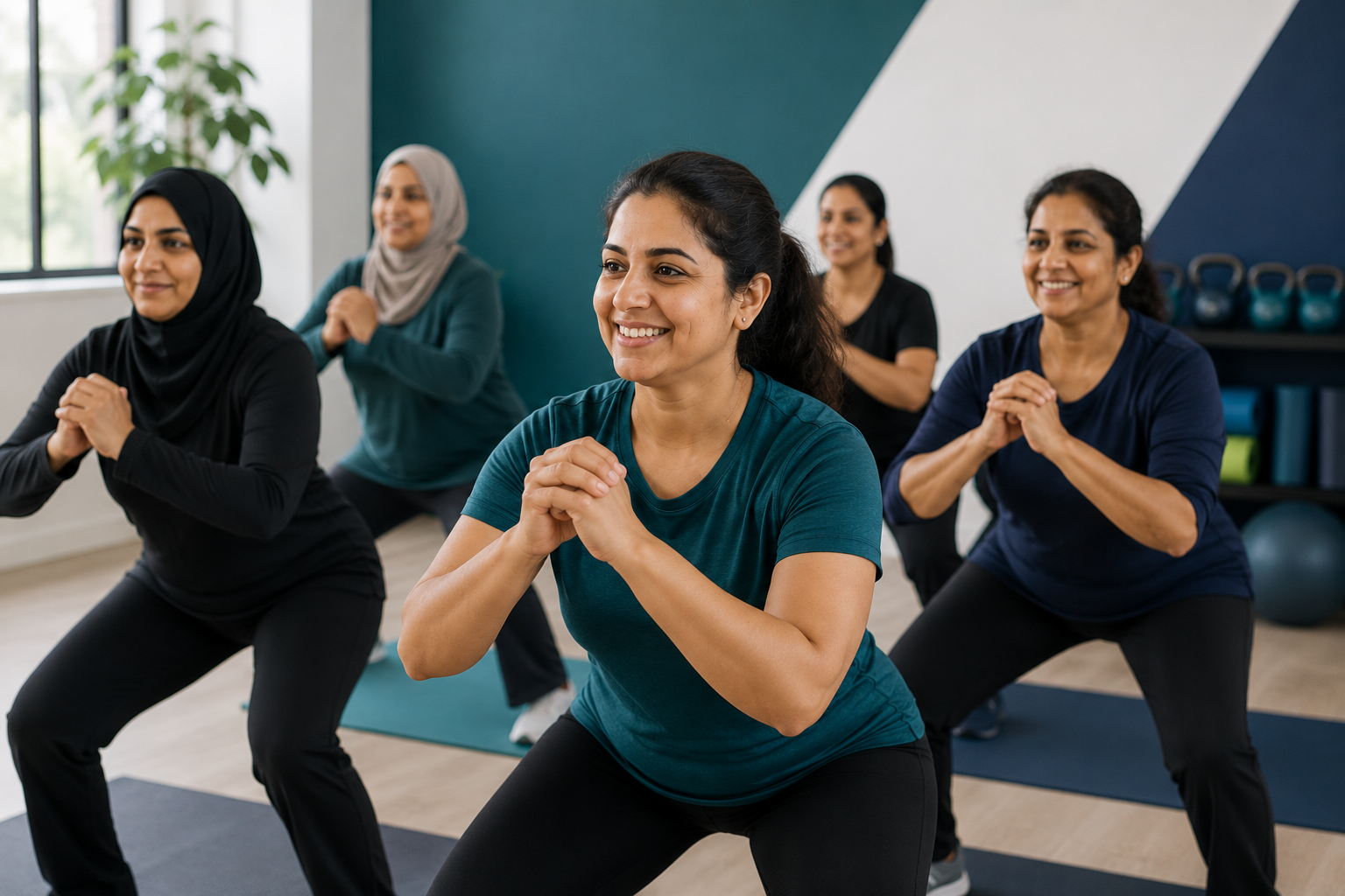 Women doing squats in a group fitness class